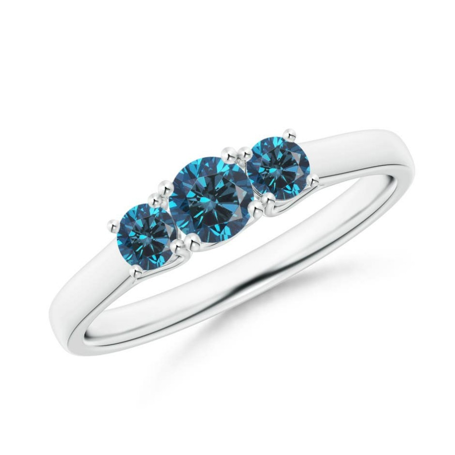 Rings Angara Enhanced Blue | Three Stone Round Blue Diamond Engagement Ring