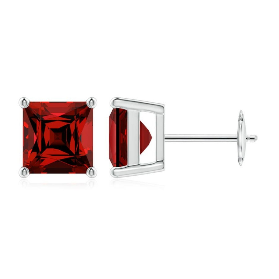 Earrings Angara Ruby | Lab-Grown Classic Basket-Set Square Ruby Stud Earrings