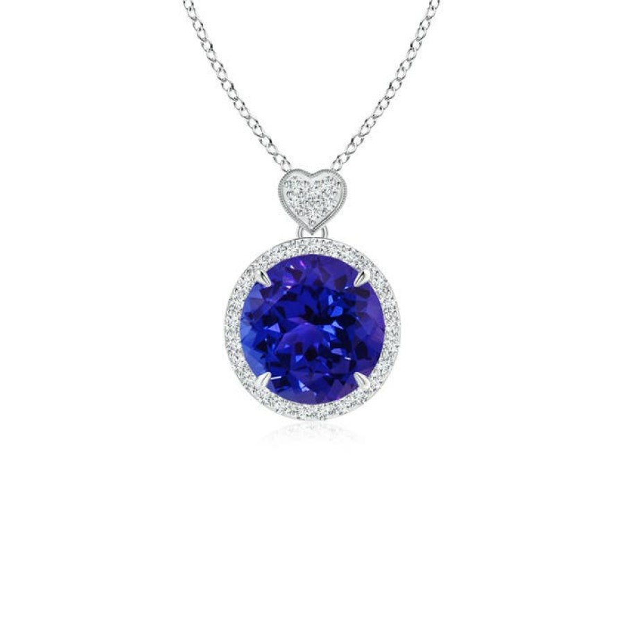 Necklaces Angara Tanzanite | Tanzanite Halo Pendant With Diamond Heart Motif