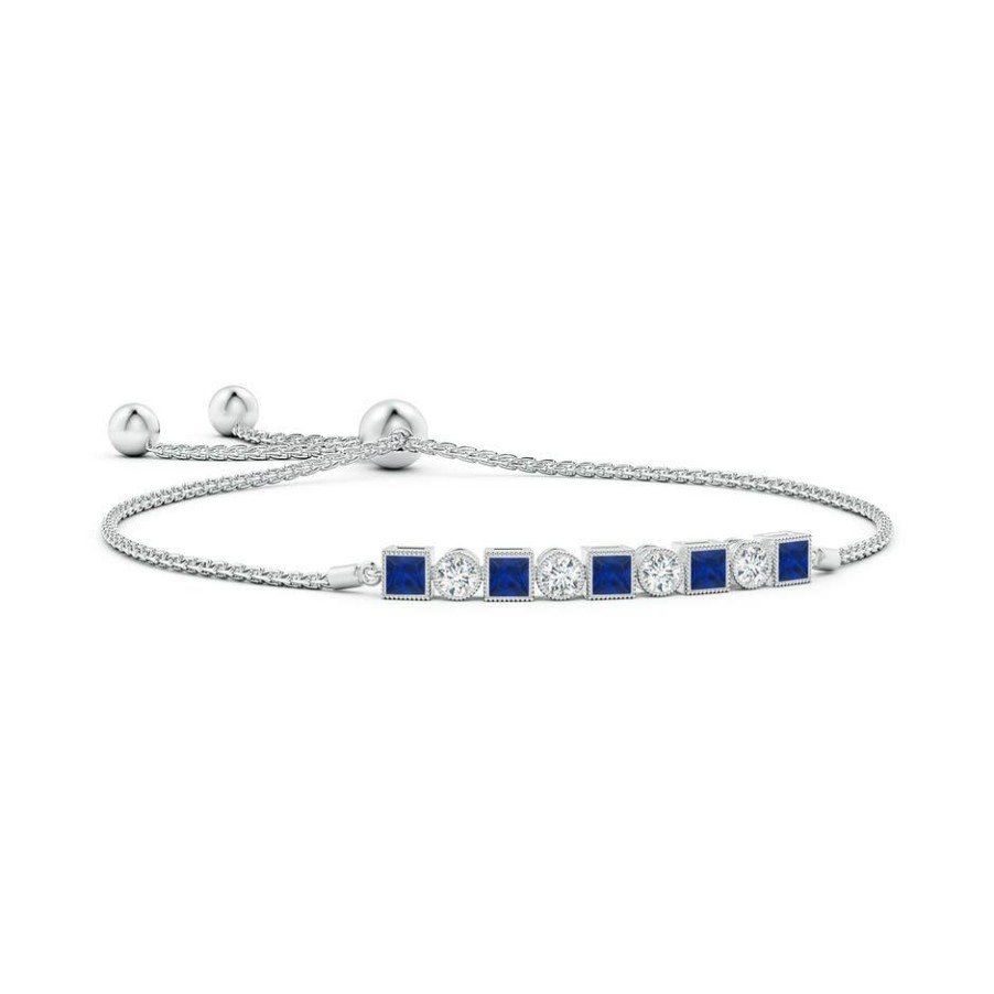 Bracelets Angara Blue Sapphire | Bezel-Set Square Sapphire And Round Diamond Bolo Bracelet