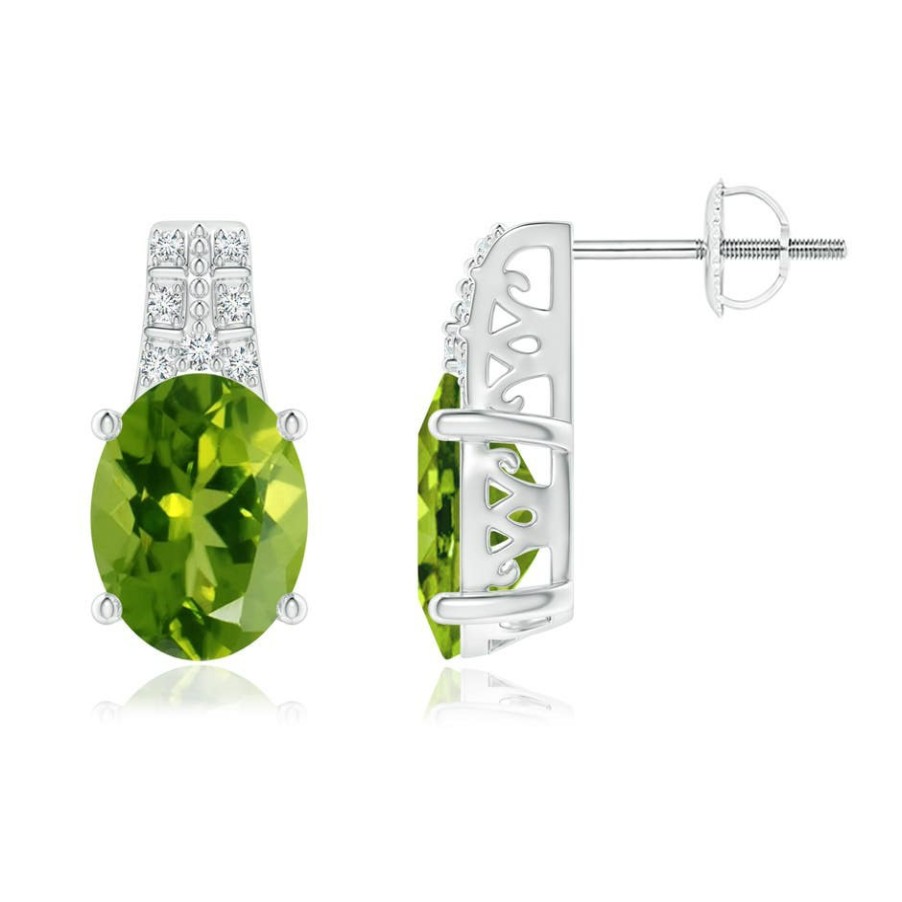 Earrings Angara Peridot | Vintage Inspired Oval Peridot And Diamond Leo Earrings