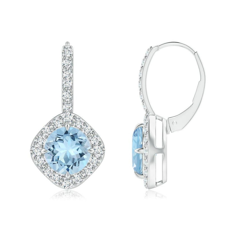 Earrings Angara Aquamarine | Claw-Set Aquamarine And Diamond Leverback Halo Earrings