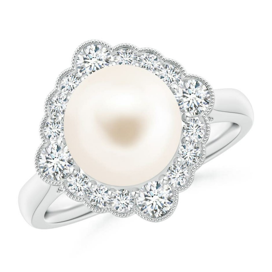 Rings Angara Freshwater Pearl | Freshwater Pearl Cushion Halo Engagement Ring