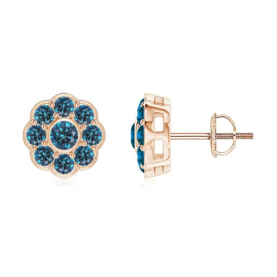 Earrings Angara Enhanced Blue | Bezel And Pave Set Blue Diamond Floral Earrings