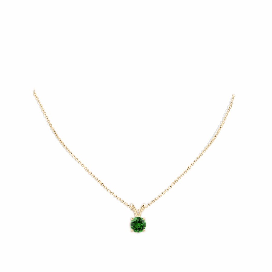 Necklaces Angara Emerald | Lab-Grown V-Bale Round Emerald Solitaire Pendant