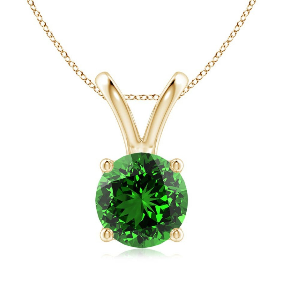 Necklaces Angara Emerald | Lab-Grown V-Bale Round Emerald Solitaire Pendant