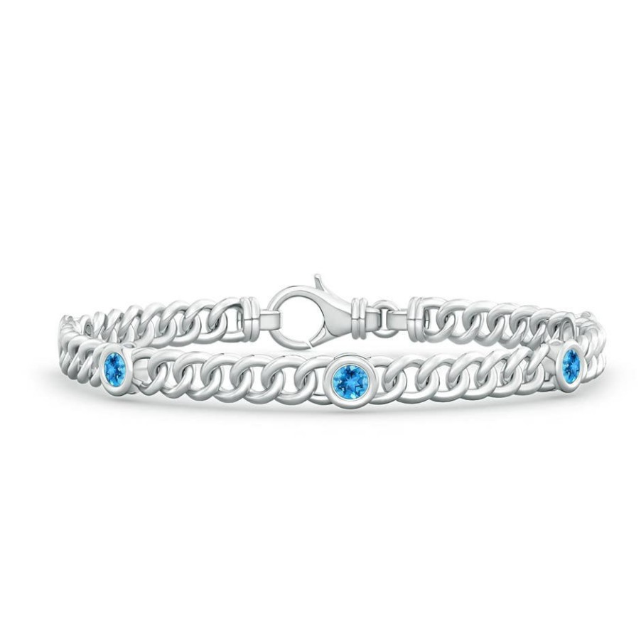 Bracelets Angara Swiss Blue Topaz | Bezel-Set Swiss Blue Topaz Curb Chain Link Bracelet