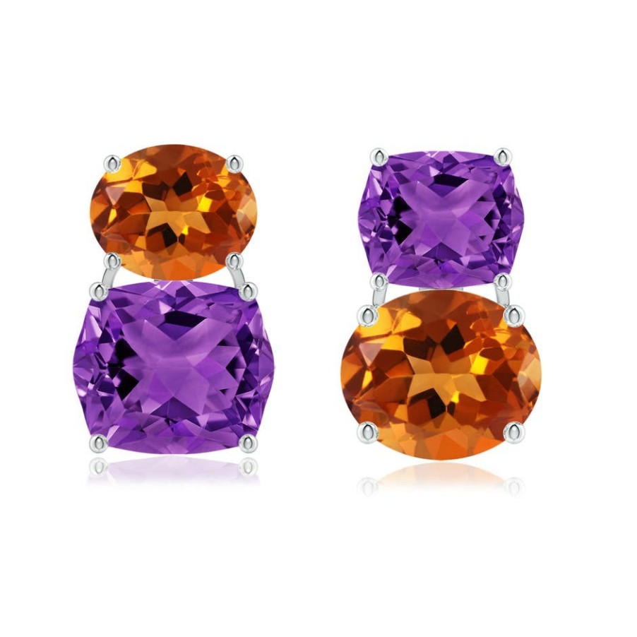 Earrings Angara Amethyst | Rectangular Cushion Amethyst & Oval Citrine Mismatch Earrings