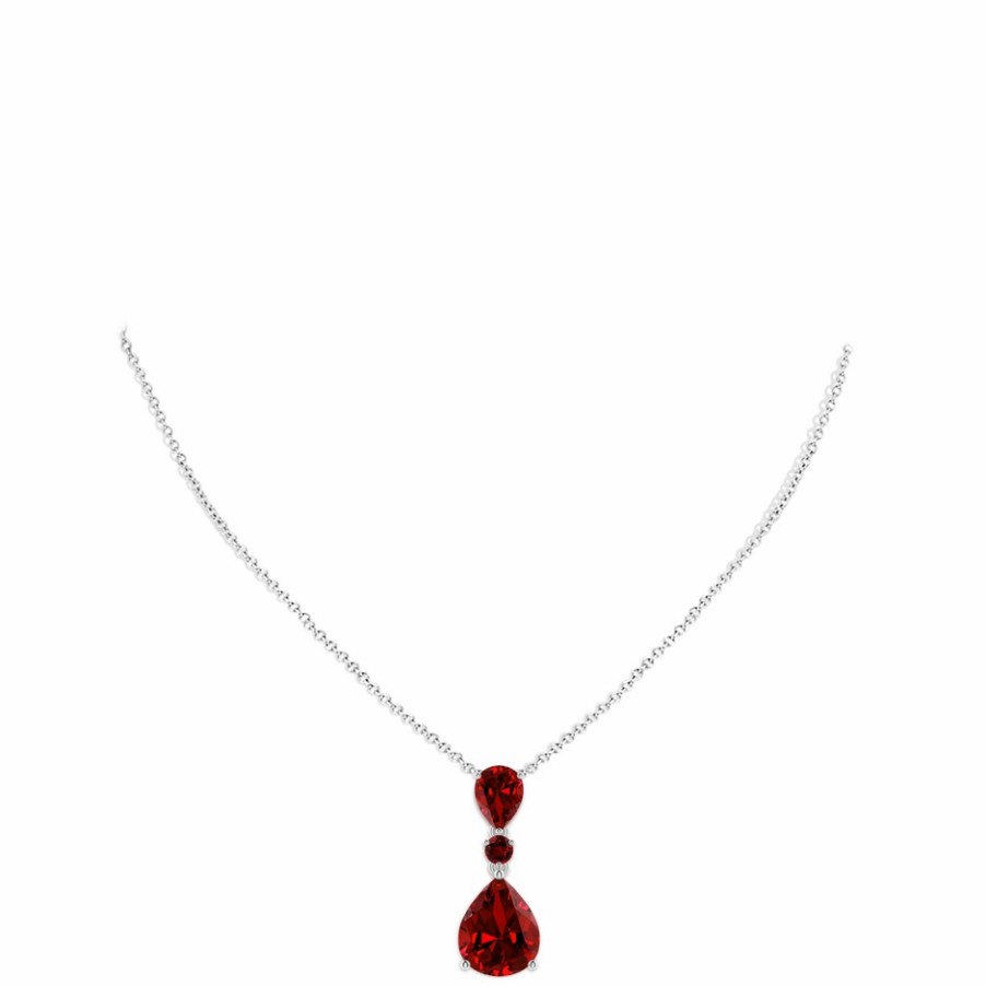 Necklaces Angara Ruby | Lab-Grown Pear And Round Ruby Three Stone Pendant