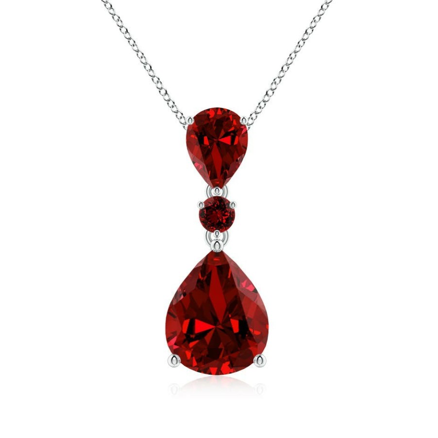 Necklaces Angara Ruby | Lab-Grown Pear And Round Ruby Three Stone Pendant