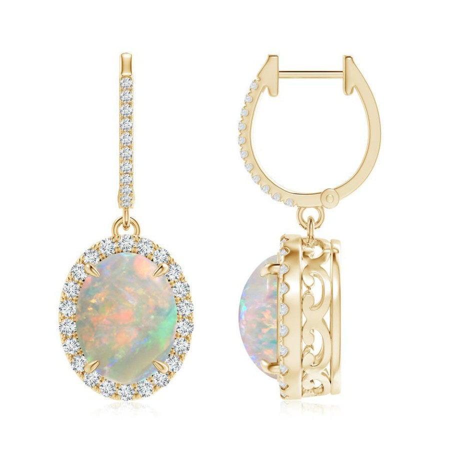 Earrings Angara Opal | Oval Opal Dangle Earrings With Diamond Halo