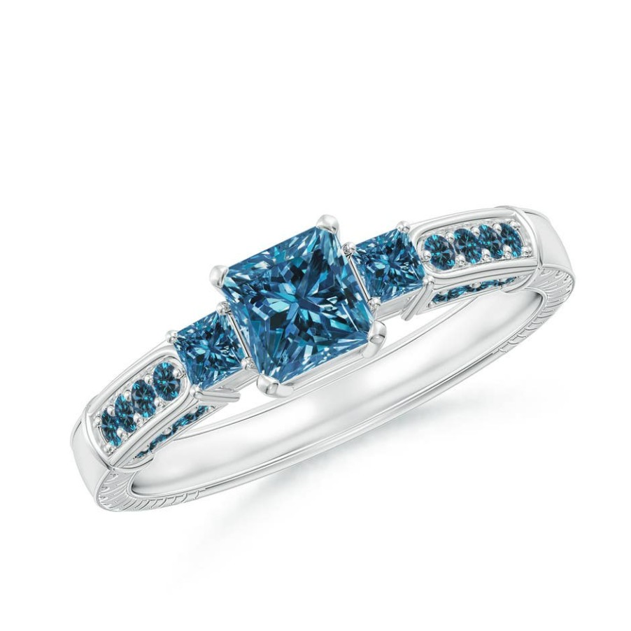 Rings Angara Enhanced Blue | Princess-Cut Blue Diamond Three Stone Ring