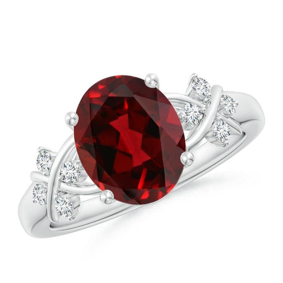 Rings Angara Garnet | Solitaire Oval Garnet Criss Cross Ring With Diamonds