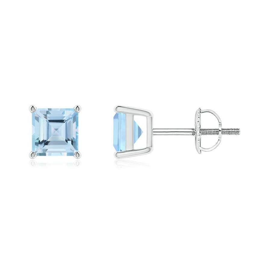 Earrings Angara Aquamarine | Classic Basket-Set Square Aquamarine Stud Earrings