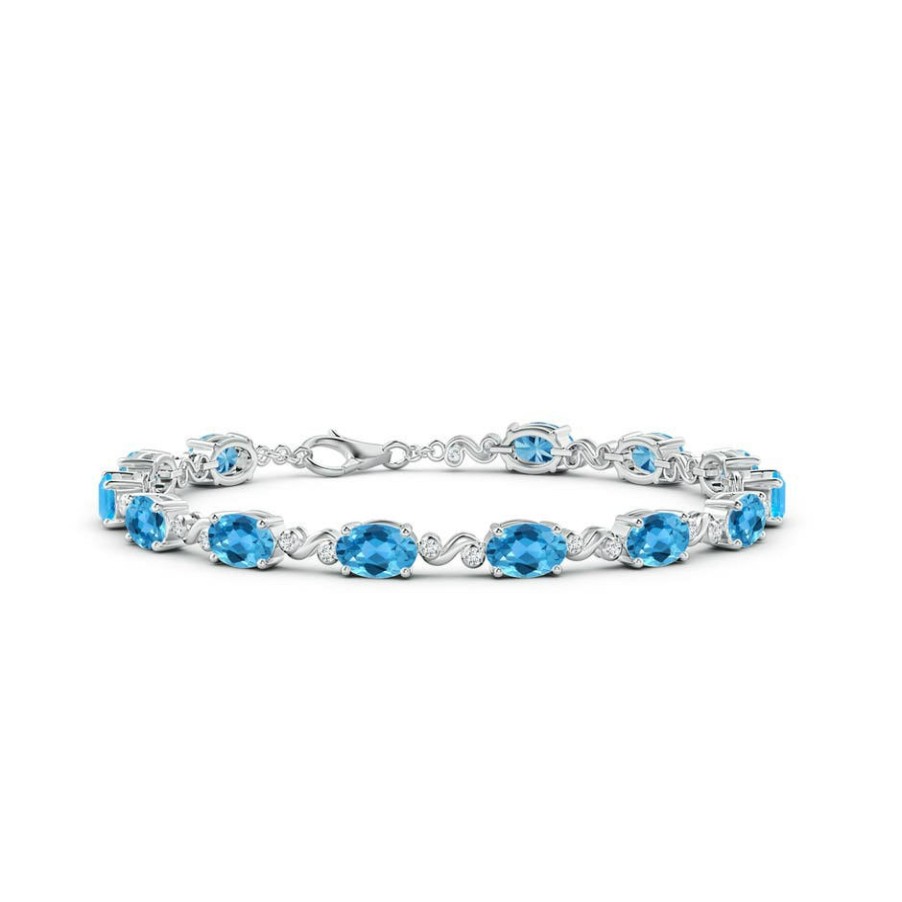 Bracelets Angara Swiss Blue Topaz | Oval Swiss Blue Topaz Swirl Bracelet With Bezel Diamonds