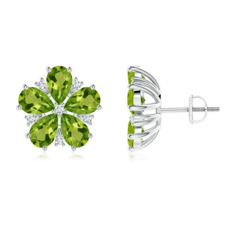 Earrings Angara Peridot | Pear-Shaped Peridot And Diamond Flower Stud Earrings