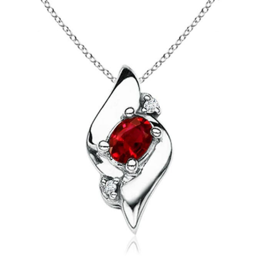 Necklaces Angara Ruby | Shell Style Oval Ruby And Diamond Pendant