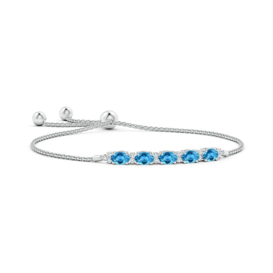 Bracelets Angara Swiss Blue Topaz | East-West Oval Swiss Blue Topaz Bolo Bracelet With Diamonds