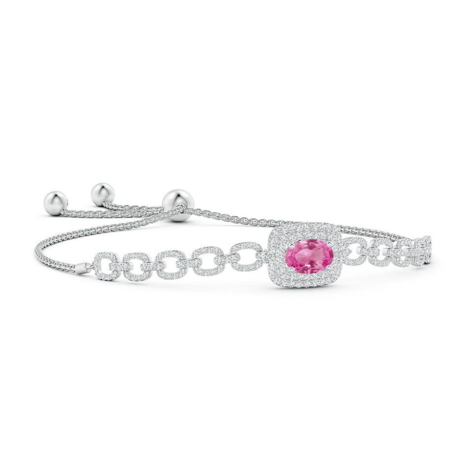 Bracelets Angara Pink Sapphire | Oval Pink Sapphire And Diamond Chain Link Bolo Bracelet