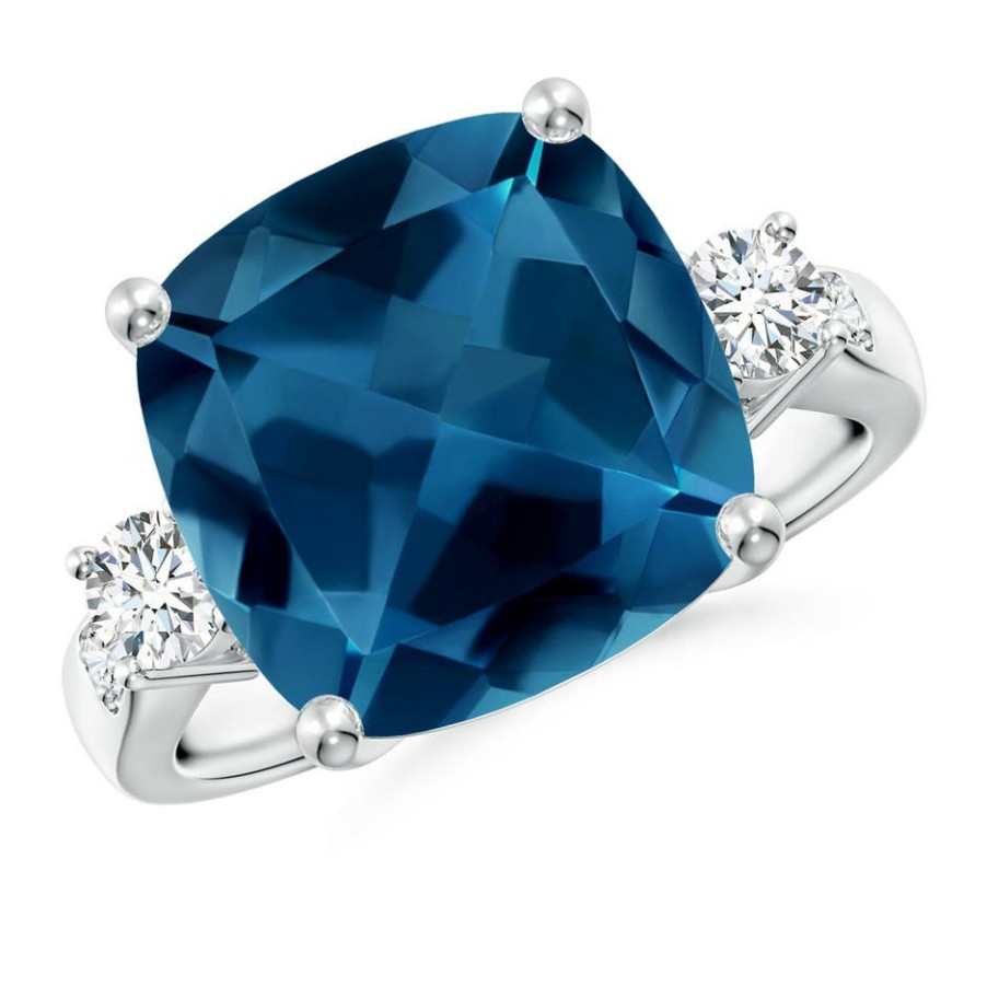 Rings Angara London Blue Topaz | Cushion London Blue Topaz Solitaire Ring With Diamonds