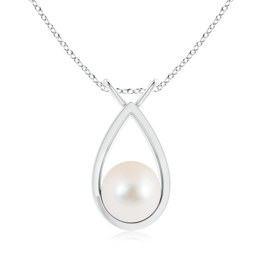 Necklaces Angara Freshwater Pearl | Solitaire Freshwater Pearl V-Bale Drop Pendant