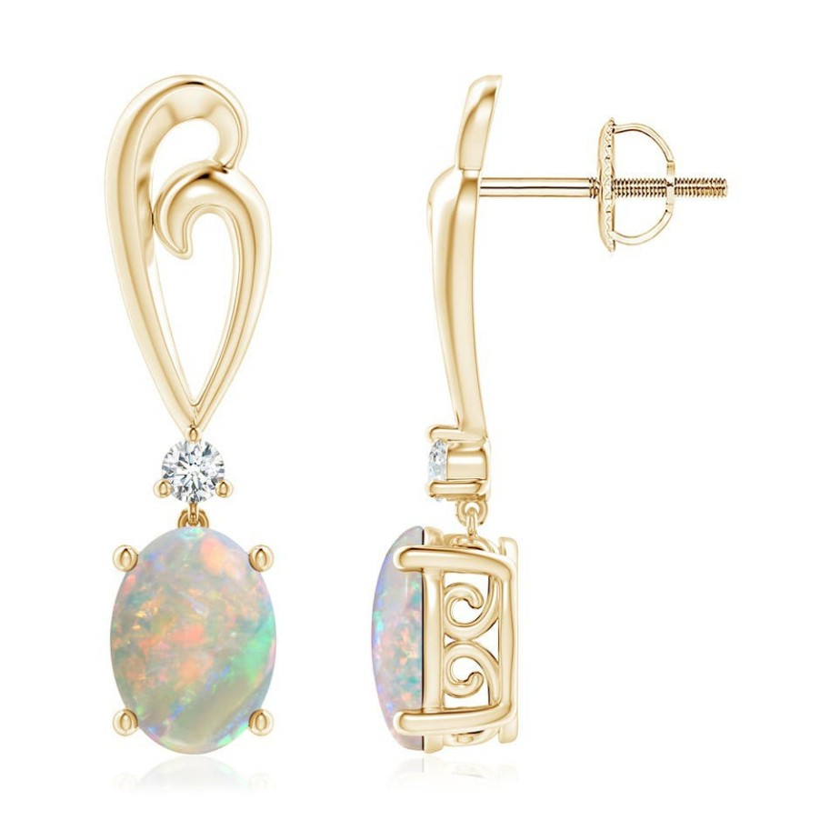 Earrings Angara Opal | Solitaire Oval Opal Swirl Drop Earrings With Diamond