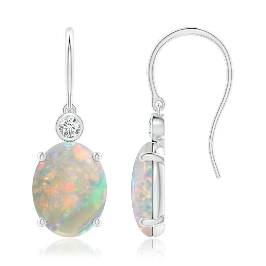 Earrings Angara Opal | Oval Opal Fish Hook Earrings With Bezel-Set Diamonds