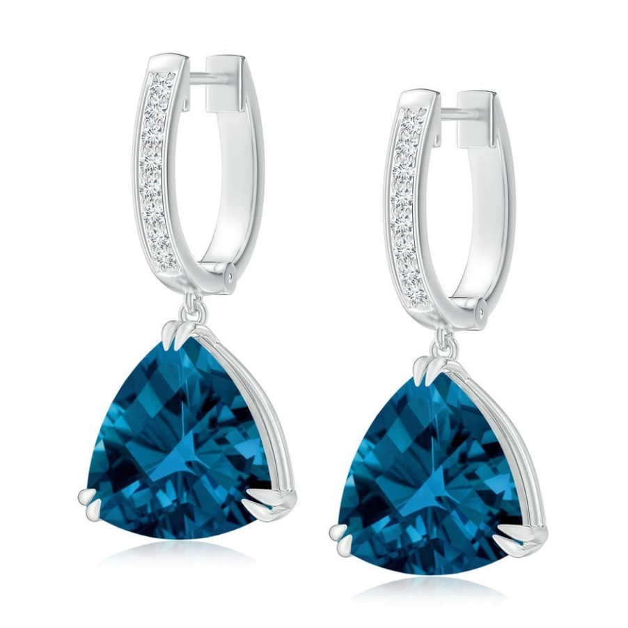 Earrings Angara London Blue Topaz | Trillion Checker-Cut London Blue Topaz Huggie Drop Earrings