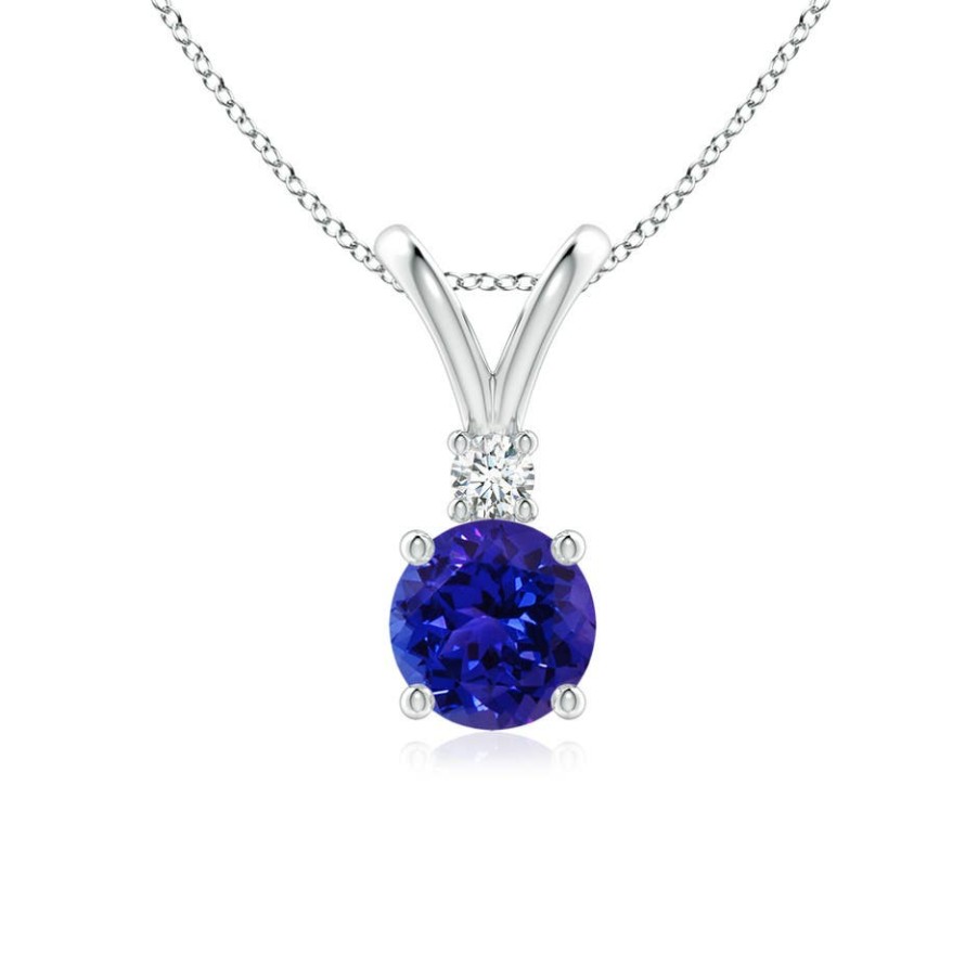 Necklaces Angara Tanzanite | Round Tanzanite Solitaire V-Bale Pendant With Diamond