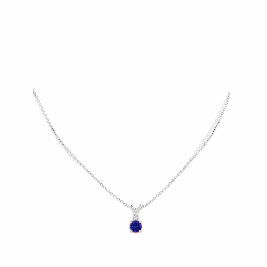 Necklaces Angara Tanzanite | Round Tanzanite Solitaire V-Bale Pendant With Diamond