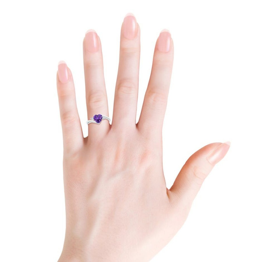 Rings Angara Amethyst | Heart-Shaped Amethyst Bypass Ring With Diamonds