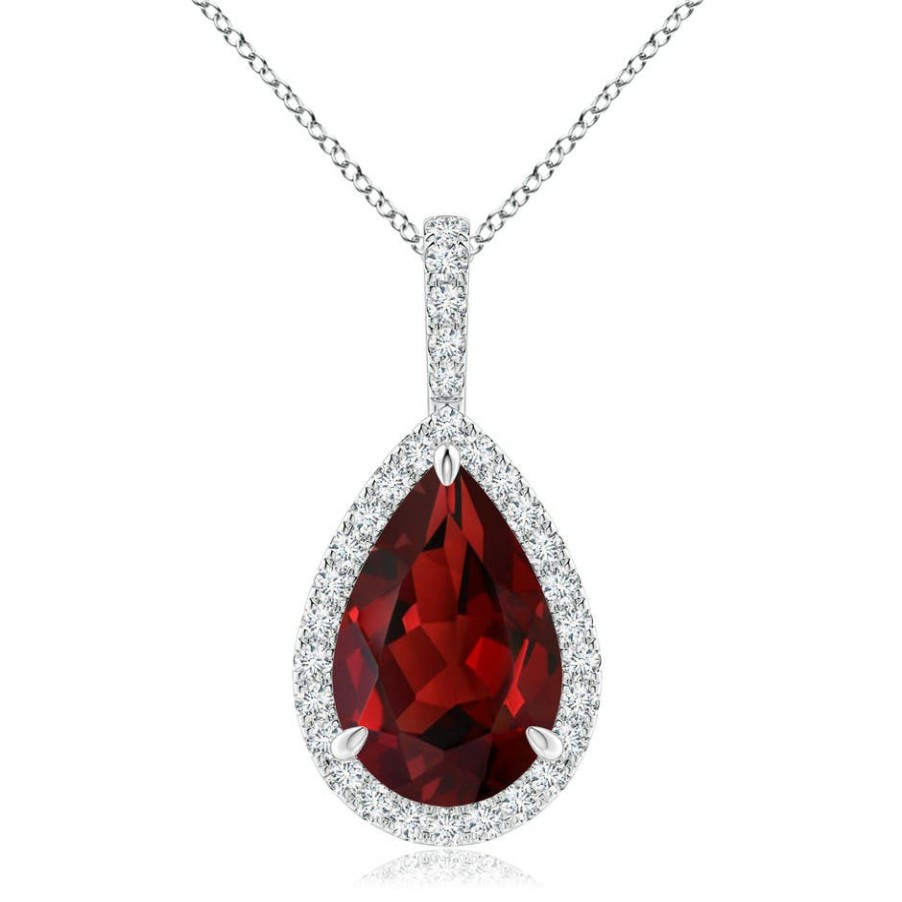 Necklaces Angara Garnet | Garnet Teardrop Pendant With Diamond Halo