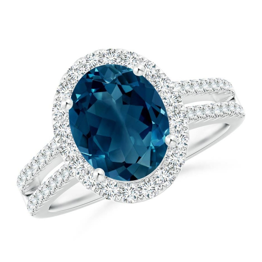 Rings Angara London Blue Topaz | Oval London Blue Topaz Split Shank Halo Ring With Diamonds