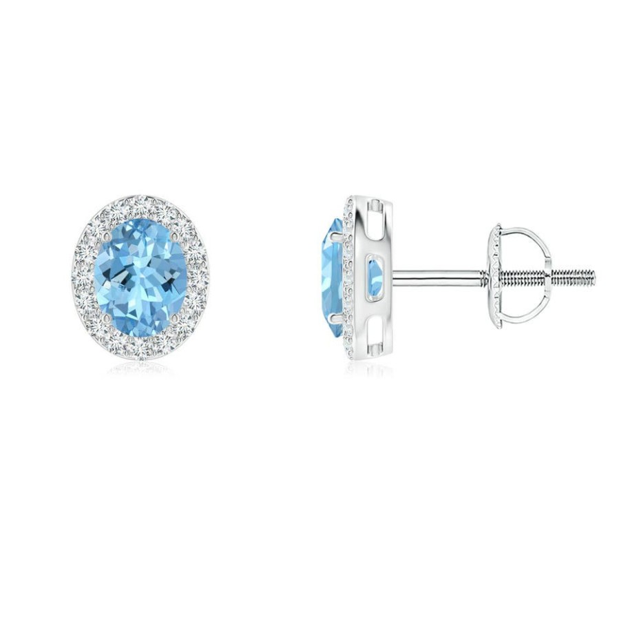 Earrings Angara Aquamarine | Oval Aquamarine Studs With Diamond Halo