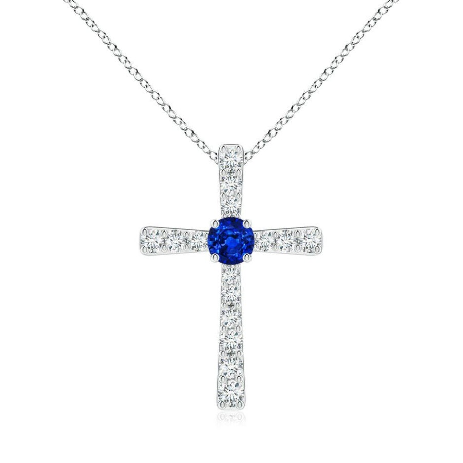 Necklaces Angara Blue Sapphire | Sapphire And Diamond Cross Pendant