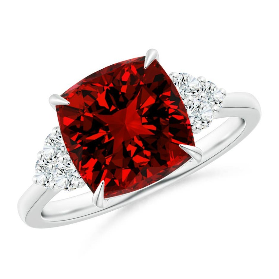 Rings Angara Ruby | Lab-Grown Cushion Ruby Engagement Ring With Trio Diamonds