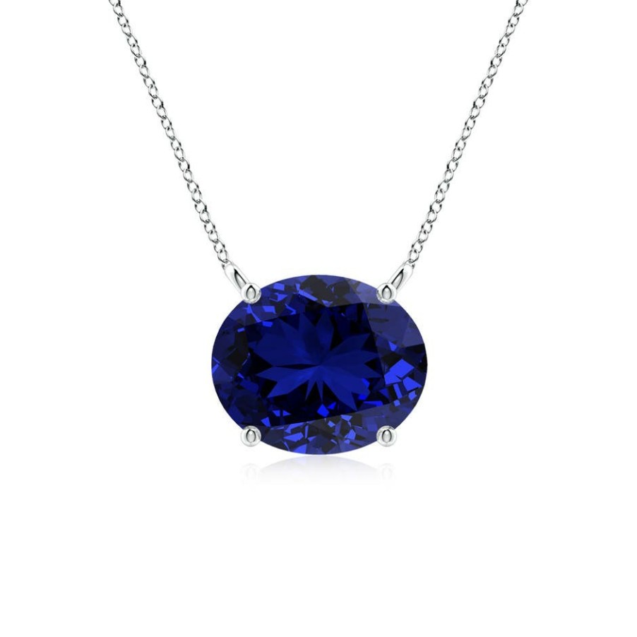 Necklaces Angara Blue Sapphire | Lab-Grown East-West Oval Blue Sapphire Solitaire Pendant