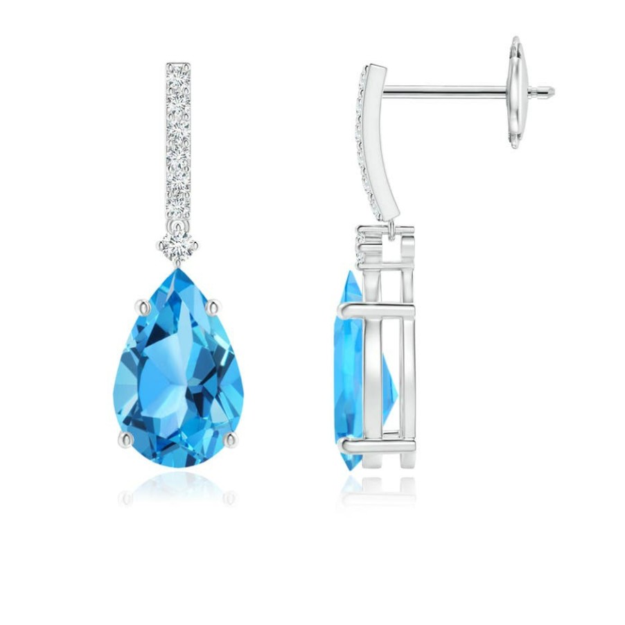 Earrings Angara Swiss Blue Topaz | Solitaire Pear Swiss Blue Topaz Drop Earrings With Diamonds