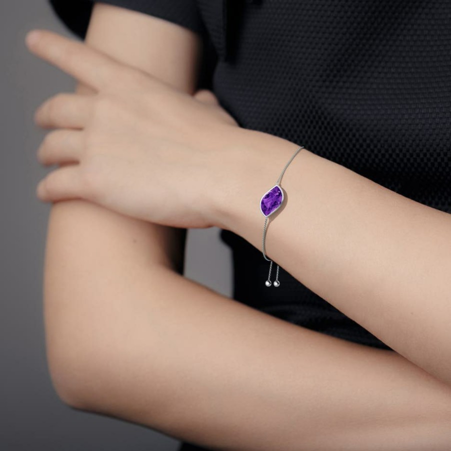 Bracelets Angara Amethyst | Bezel-Set Leaf-Shaped Amethyst Bolo Bracelet