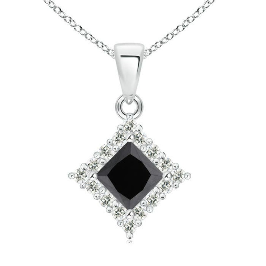 Necklaces Angara Enhanced Black | Classic Princess-Cut Black Diamond Pendant With Halo