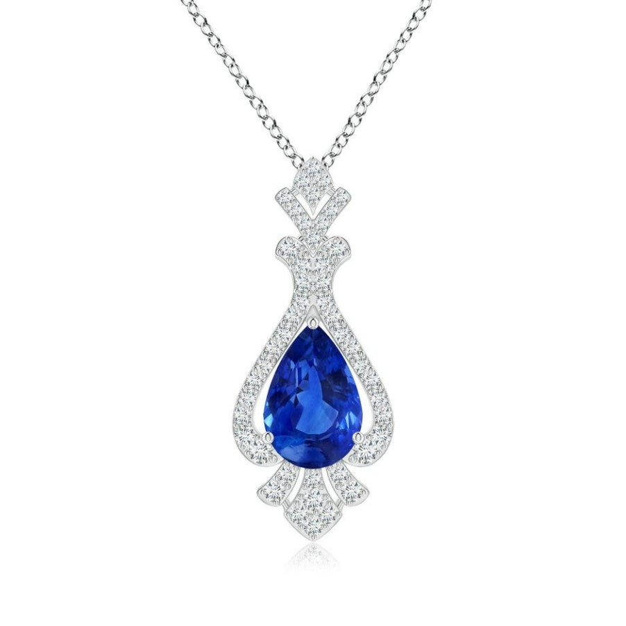 Necklaces Angara Blue Sapphire | Classic Gia Certified Pear-Shaped Blue Sapphire Pendant With Diamond Halo