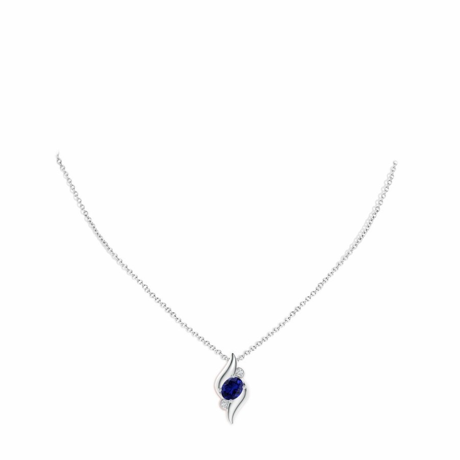 Necklaces Angara Blue Sapphire | Lab-Grown Shell Style Oval Sapphire And Lab Diamond Pendant