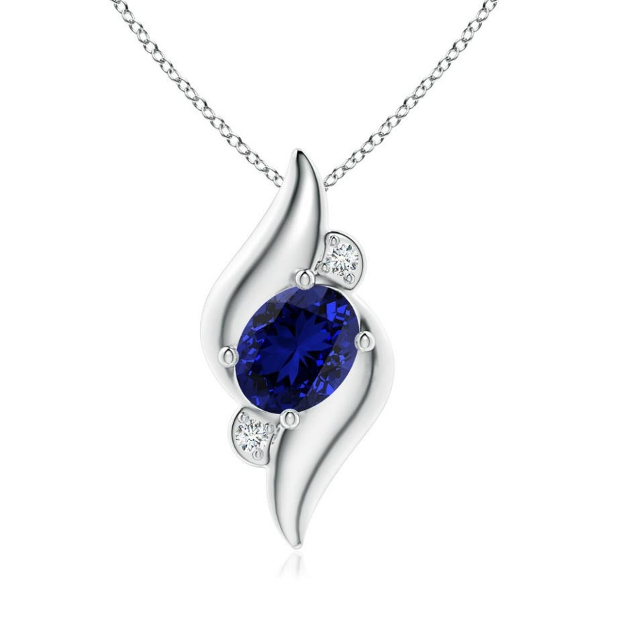 Necklaces Angara Blue Sapphire | Lab-Grown Shell Style Oval Sapphire And Lab Diamond Pendant