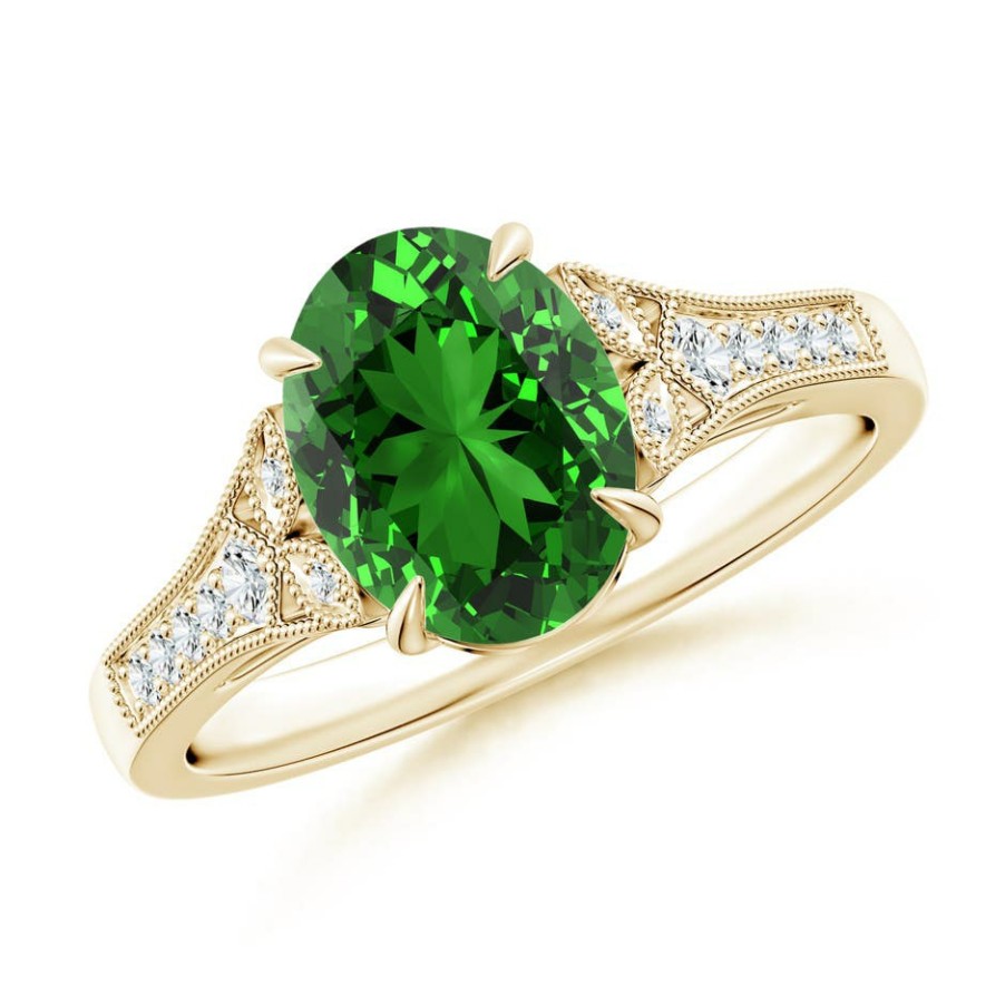 Rings Angara Emerald | Lab-Grown Aeon Vintage Inspired Oval Emerald Solitaire Engagement Ring With Milgrain