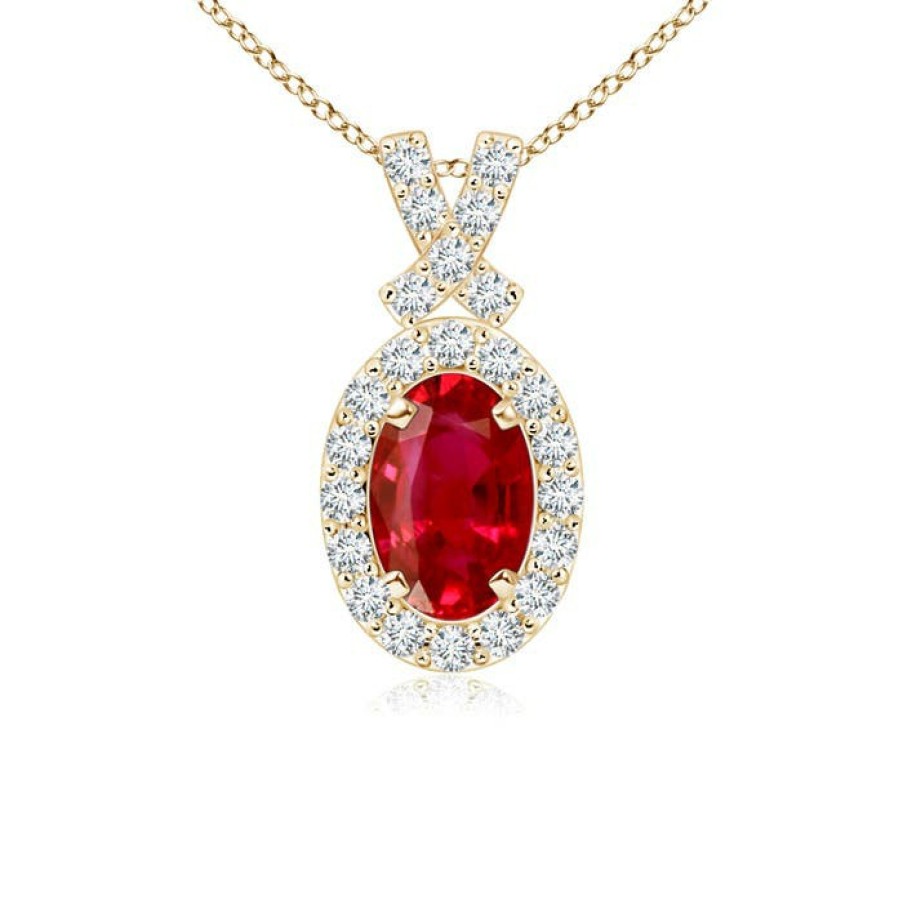 Necklaces Angara Ruby | Vintage Style Ruby Pendant With Diamond Halo