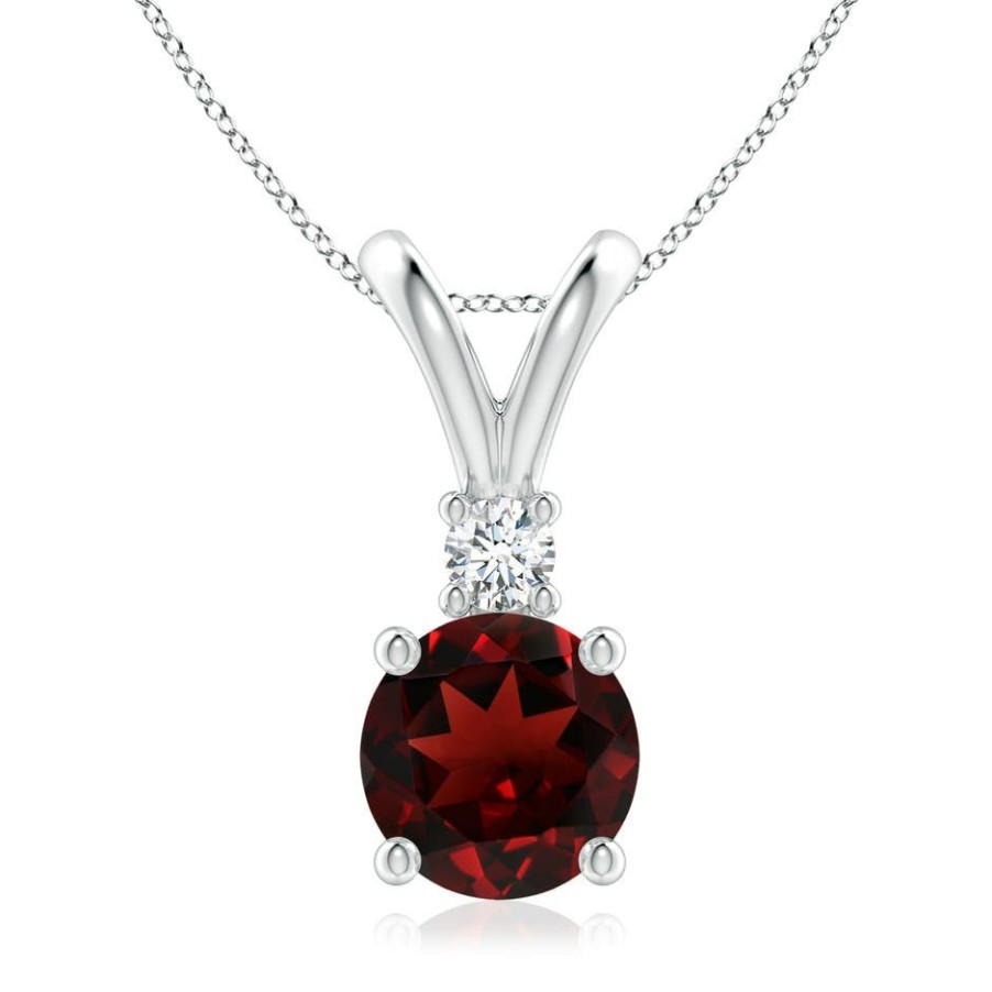 Necklaces Angara Garnet | Round Garnet Solitaire V-Bale Pendant With Diamond