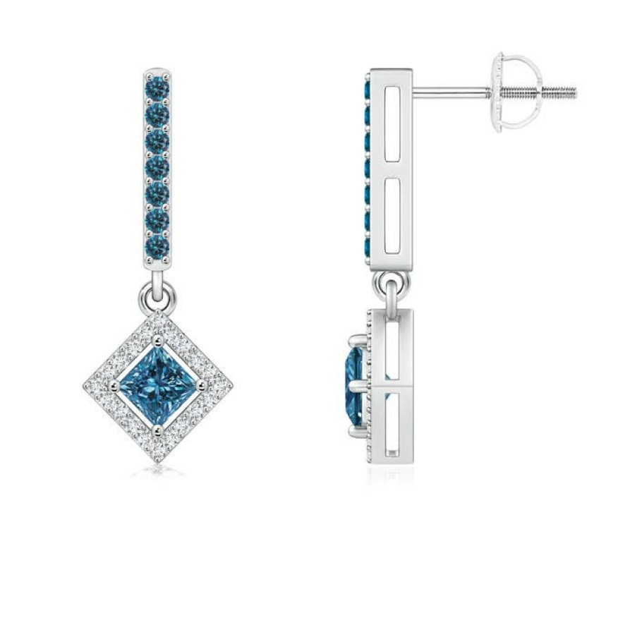 Earrings Angara Enhanced Blue | Floating Princess-Cut Blue Diamond Dangle Earrings