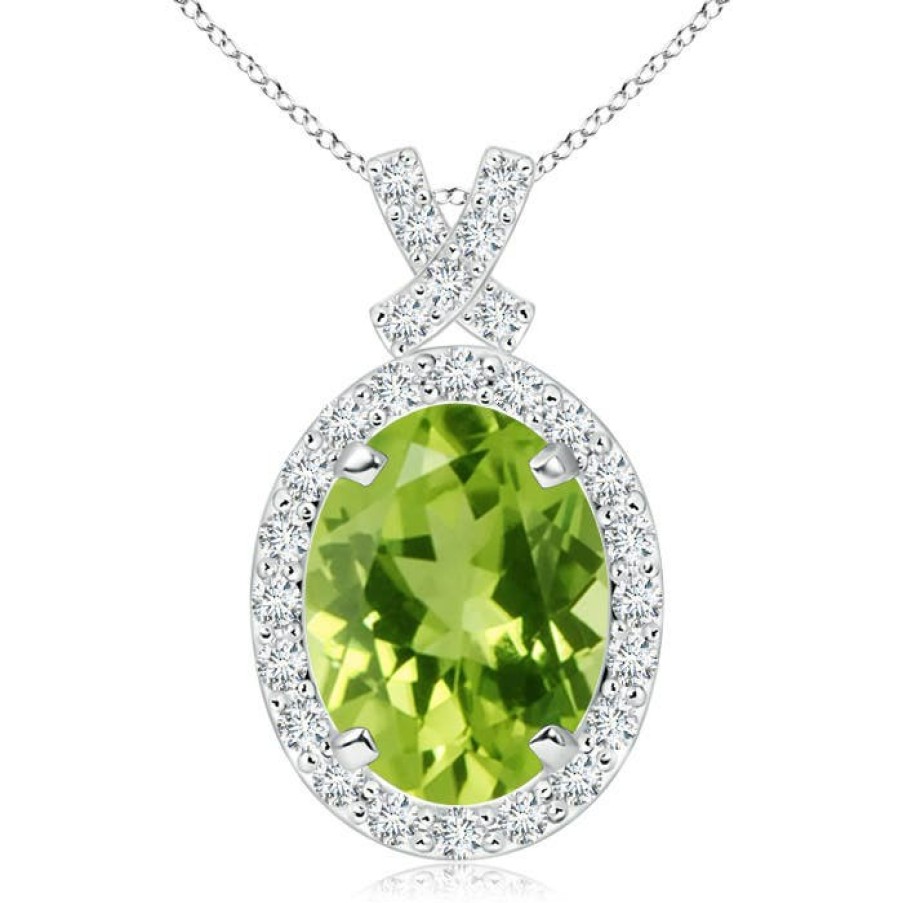 Necklaces Angara Peridot | Vintage Style Peridot Pendant With Diamond Halo