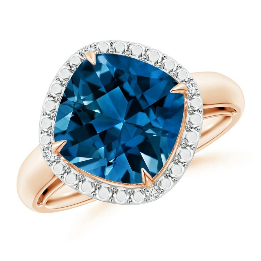 Rings Angara London Blue Topaz | Cushion London Blue Topaz Compass Ring With Beaded Halo