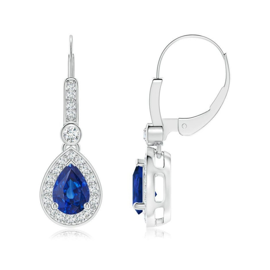 Earrings Angara Blue Sapphire | Pear-Shaped Blue Sapphire And Diamond Halo Drop Earrings